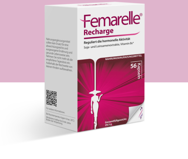 Packshot von Femarelle Recharge – das Nahrungsergänzungsmittel für unbeschwerte Wechseljahre für Frauen ab 50