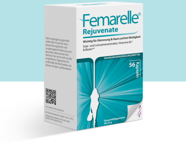 Packshot von Femarelle Rejuvenate – das Nahrungsergänzungsmittel für unbeschwerte Wechseljahre für Frauen ab 40